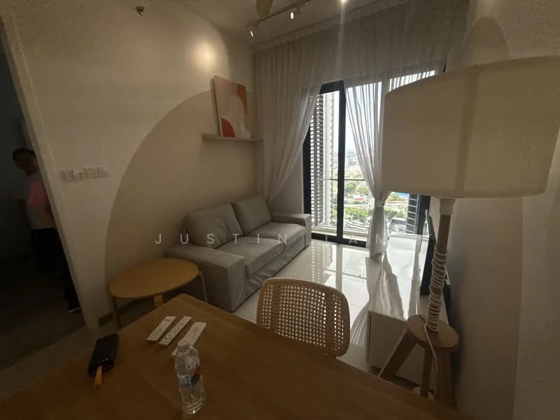 Living features: grey fabric sofa, floor-to-ceiling windows, sheer curtains, light wood dining table, woven dining chairs, decorative wall art, table lamp, polished tile flooring, city view, recessed ceiling lights; style: modern; view: city.