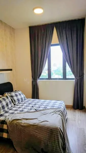 Bedroom features: queen-size bed with checkered bedding, upholstered headboard, floor-to-ceiling window, grey curtains, wooden flooring, decorative wall with wood paneling, nightstand, wall-mounted shelf; style: modern; view: city.