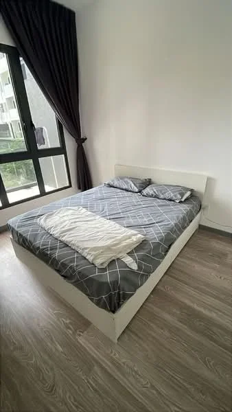 Bedroom features: queen-size bed with grey bedding, white bed frame, wooden flooring, floor-to-ceiling windows, dark curtains, two pillows, decorative wall art, natural light from window; style: modern; view: garden.