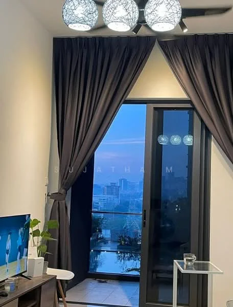 Living features: floor-to-ceiling windows, blackout curtains, 5-blade ceiling fan with light, TV console, wall-mounted TV, decorative pendant lights, glass coffee table, indoor plant, city view; style: modern; view: city.