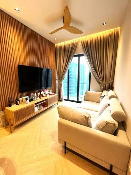 Living features: 3-seater fabric sofa in beige, wooden TV console, wall-mounted TV, floor-to-ceiling windows, sheer curtains, wood panel accent wall, recessed downlights, ceiling fan with wooden blades, light wood herringbone flooring; style: modern; view: city.