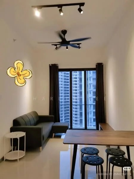 Living features: 3-seater fabric sofa in dark green, round white side table, wooden dining table, black stools, 5-blade ceiling fan with light, floor-to-ceiling windows, blackout curtains, light grey walls, polished tile flooring, decorative wall art with flower design, track lighting; style: modern; view: city.