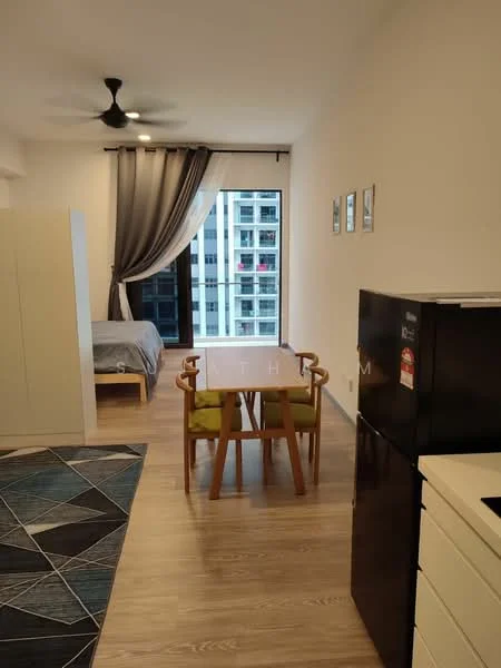 Living features: 5-blade ceiling fan, floor-to-ceiling windows, grey curtains, wooden flooring, dining table with 2 chairs, fridge, area rug with geometric pattern, bed with grey bedding, decorative wall art; style: modern; view: city.