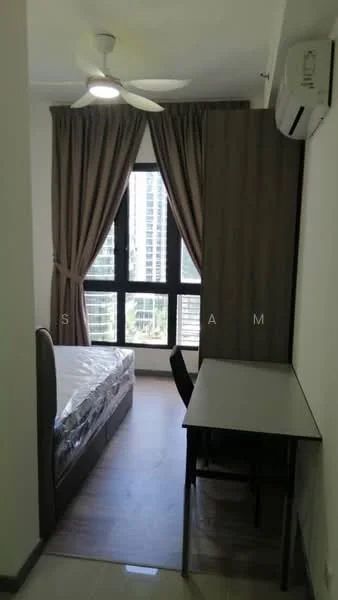 Bedroom features: queen-size bed with plastic covering, 5-blade ceiling fan with light, floor-to-ceiling windows, curtains, wooden flooring, study desk, chair, wall-mounted air conditioning unit; style: modern; view: city.
