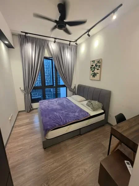 Bedroom features: queen-size bed, upholstered headboard, purple bedspread, wooden flooring, floor-to-ceiling windows, sheer curtains, blackout curtains, 5-blade ceiling fan with light, nightstand, decorative wall art; style: modern; view: city.