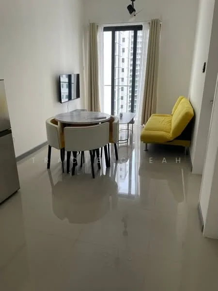 Living features: white painted walls, glossy tile flooring, floor-to-ceiling windows, yellow fabric sofa, round dining table, 4 black dining chairs, wall-mounted TV, curtains, recessed downlights; style: modern; view: city.