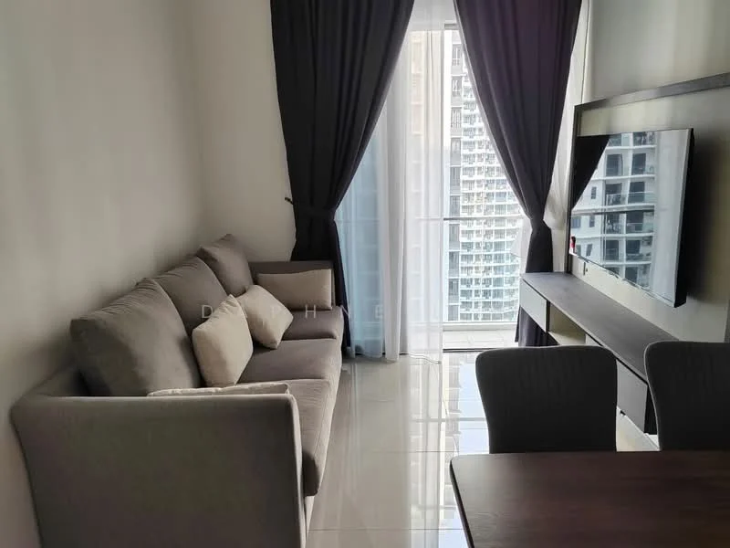 Living features: 3-seater fabric sofa in grey, decorative cushions, floor-to-ceiling windows, sheer curtains, dark curtains, wall-mounted TV, TV console, dining table, upholstered dining chairs, glossy tile flooring, neutral wall colour, modern decor; style: modern; view: city.