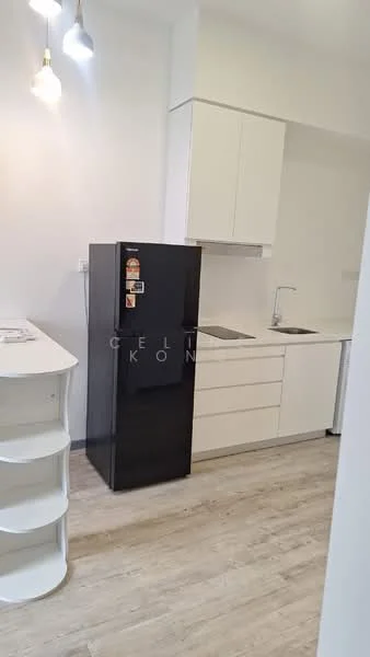 Kitchen features: black fridge, white cabinetry, stainless-steel sink, chrome pull-down faucet, white countertop, open shelving, pendant lighting, laminate flooring; style: modern.