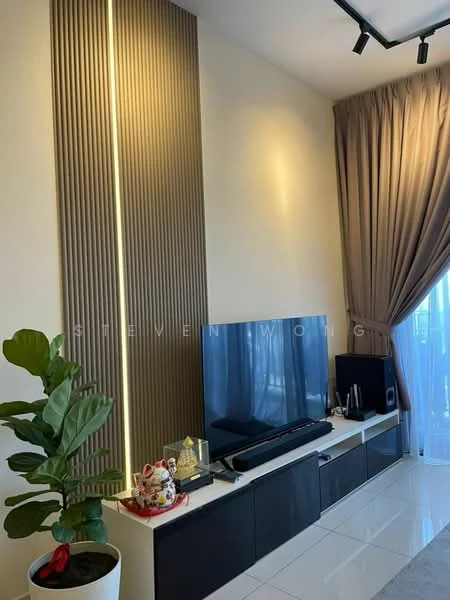 Living features: white painted walls, light-colored flooring, recessed downlights, TV console with storage, wall-mounted TV, decorative wall paneling, large window with sheer curtains, indoor plant, decorative items on console, floor-to-ceiling curtains; style: modern.