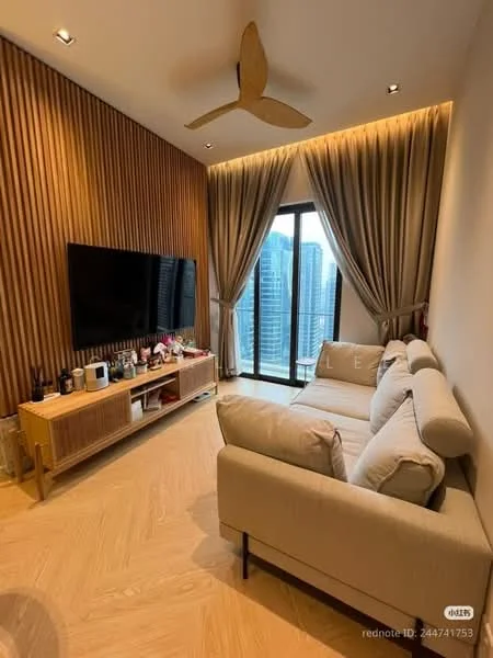 Living features: 3-seater fabric sofa in beige, wooden coffee table, wall-mounted TV, TV console with storage, floor-to-ceiling windows, sheer curtains, wood panel accent wall, recessed downlights, 5-blade ceiling fan, light-colored wooden flooring; style: modern; view: city.