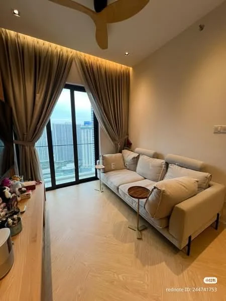 Living features: 3-seater fabric sofa in beige, wooden side table, floor-to-ceiling windows, sheer curtains, wooden flooring, recessed downlights, decorative wall lighting, wall-mounted TV console, decorative items on console; style: modern; view: city.