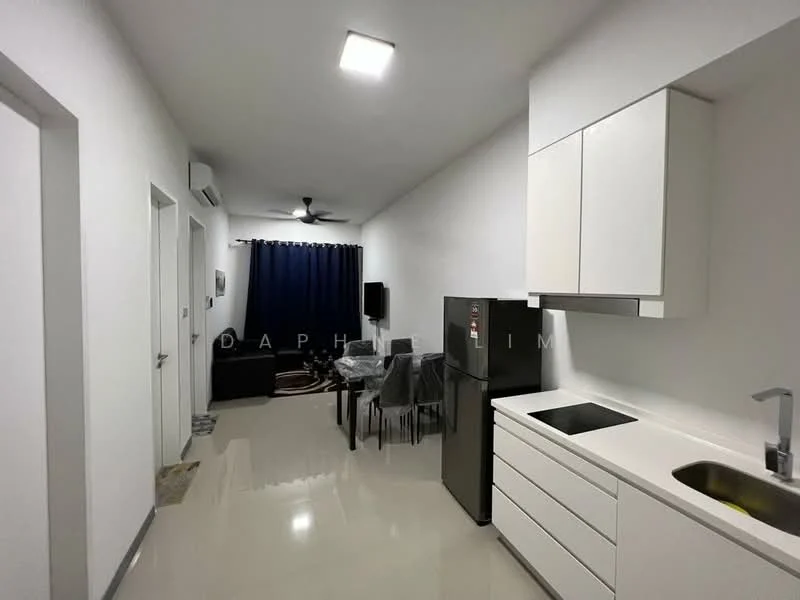 Kitchen features: white cabinetry, black countertop, stainless-steel sink, chrome pull-down faucet, built-in refrigerator, recessed ceiling lights, wall-mounted split AC, glossy tile flooring; style: modern. Living features: black fabric sofa, dining table with chairs, TV console, wall-mounted TV, dark curtains, recessed ceiling lights, glossy tile flooring; style: modern.
