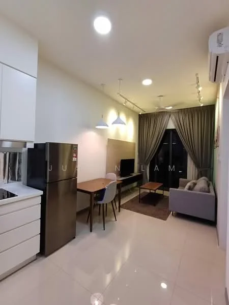 Living features: white painted walls, glossy tile flooring, recessed downlights, 2 pendant lamps, sofa in light grey, coffee table, TV console, wall-mounted TV, dining table for 2, fridge, floor-to-ceiling windows with curtains, air conditioning unit; style: modern.