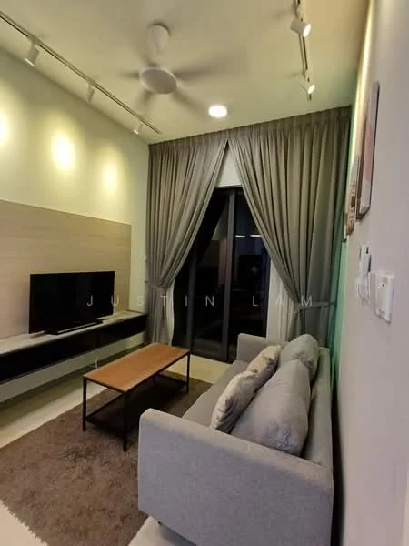 Living features: 3-seater fabric sofa in grey, wood coffee table, wall-mounted TV, TV console, area rug, floor-to-ceiling windows, sheer curtains, recessed downlights, ceiling fan, decorative wall panel, green accent wall; style: modern.