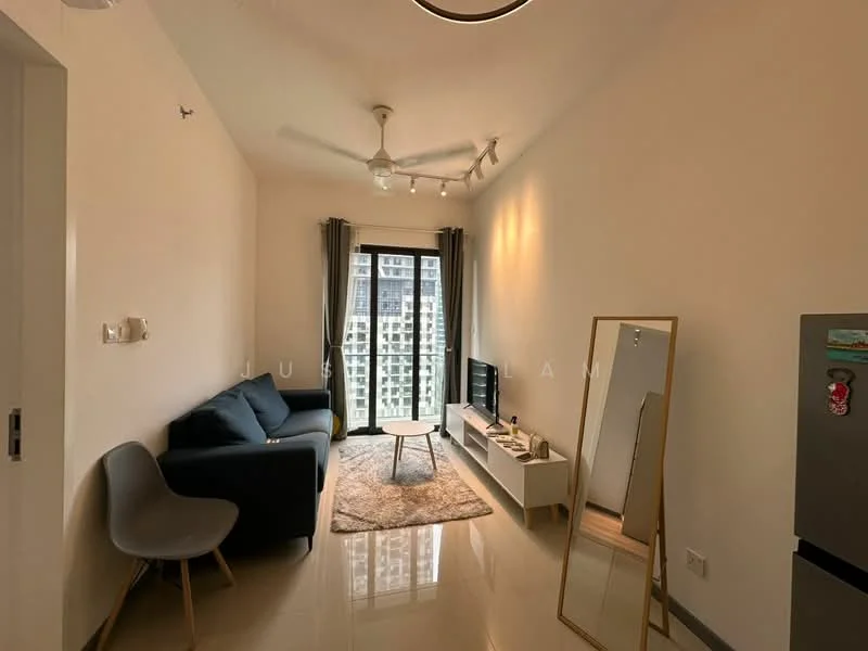 Living features: grey fabric sofa, round coffee table, TV console, wall-mounted TV, area rug, floor-to-ceiling windows, curtains, ceiling fan with light, recessed downlights, mirror, polished tile flooring, white painted walls; style: modern; view: city.