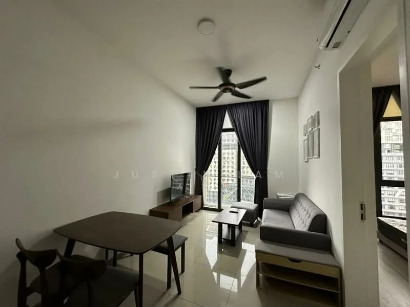 Living features: grey fabric sofa, 3-seater sofa, wooden coffee table, TV console, wall-mounted TV, ceiling fan with light, floor-to-ceiling windows, blackout curtains, cream tiled flooring, decorative wall art, light-colored walls; style: modern; view: city.