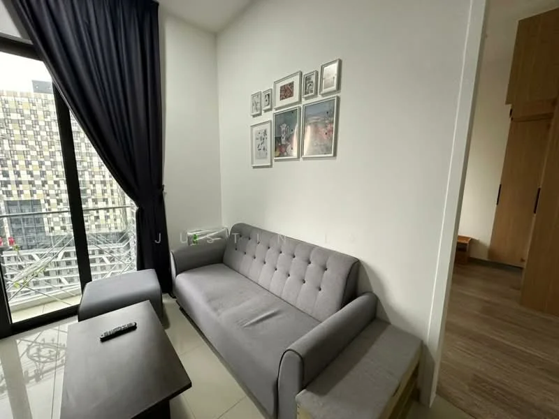 Living features: grey fabric sofa, coffee table, floor-to-ceiling windows, blackout curtains, framed artwork on walls, light-colored walls, tile flooring, wooden flooring visible in adjacent area; style: modern; view: city.