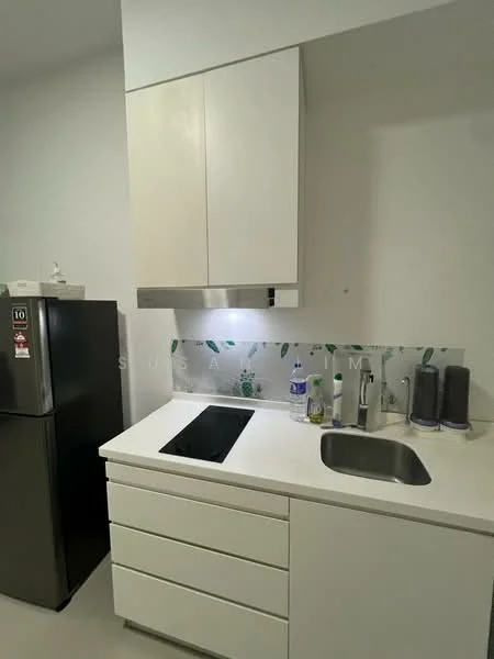 Kitchen features: white cabinetry with flat-panel doors, stainless-steel sink, chrome pull-down faucet, built-in electric cooktop, white countertop, tile backsplash with leaf pattern, refrigerator, under-cabinet lighting; style: modern.