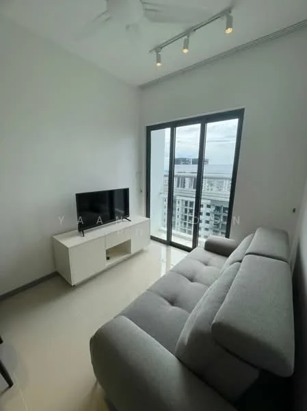Living features: grey fabric sectional sofa, white TV console, wall-mounted TV, floor-to-ceiling windows, sliding glass door, recessed LED downlights, ceiling fan, glossy tile flooring, white painted walls; style: modern; view: city.
