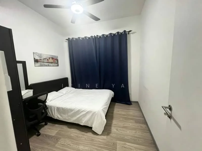Bedroom features: queen-size bed with white bedding, black wooden headboard, dark blue curtains, ceiling fan with light, wooden flooring, mirror on dresser, black office chair, white painted walls; style: modern.