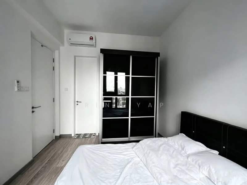 Bedroom features: queen-size bed with white bedding, black upholstered headboard, built-in wardrobe with mirrored sliding doors, wooden flooring, wall-mounted split AC, white painted walls, door leading to hallway, window with city view; style: modern; view: city.