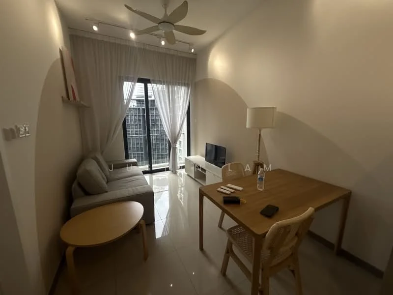 Living features: 3-seater fabric sofa in light grey, coffee table with round top, TV console, wall-mounted TV, floor-to-ceiling windows, sheer curtains, recessed downlights, ceiling fan with light, light-colored walls, glossy tile flooring, decorative lamp, dining table with 4 chairs; style: modern; view: city.