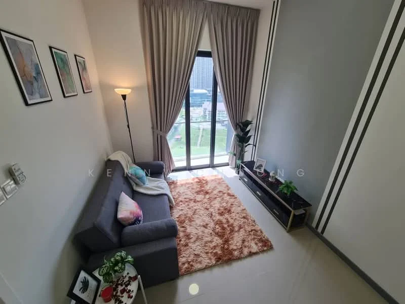 Living features: grey fabric sofa, area rug with geometric pattern, floor-to-ceiling windows, curtains, wall-mounted TV console, decorative houseplants, framed artwork on walls, lampshade floor lamp, light-colored wall, dark accent wall, tile flooring; style: modern; view: city.