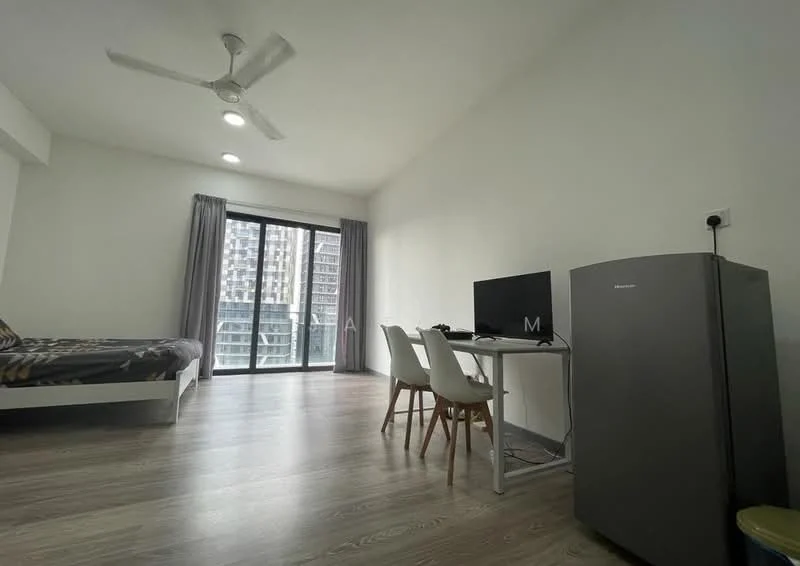 Room features: queen-size bed, upholstered headboard, 2 bedside lamps, floor-to-ceiling windows, sliding glass door, grey curtains, wooden flooring, ceiling fan with light, desk with chair, computer monitor, stainless-steel fridge; style: modern; view: city.