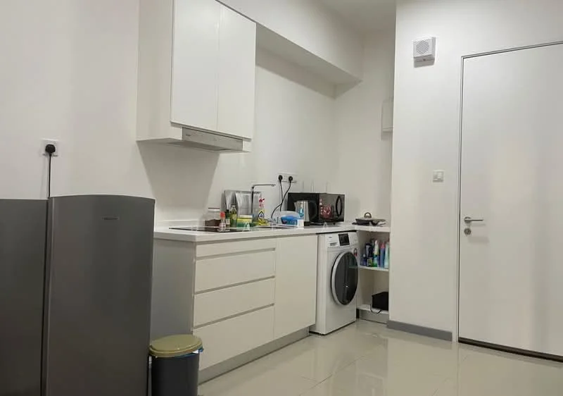 Kitchen features: white cabinetry, stainless-steel fridge, single-bowl stainless-steel sink, chrome pull-down faucet, ceramic tile backsplash, built-in oven, freestanding washing machine, countertop with appliances, white walls, polished tile flooring, recessed downlights; style: modern.