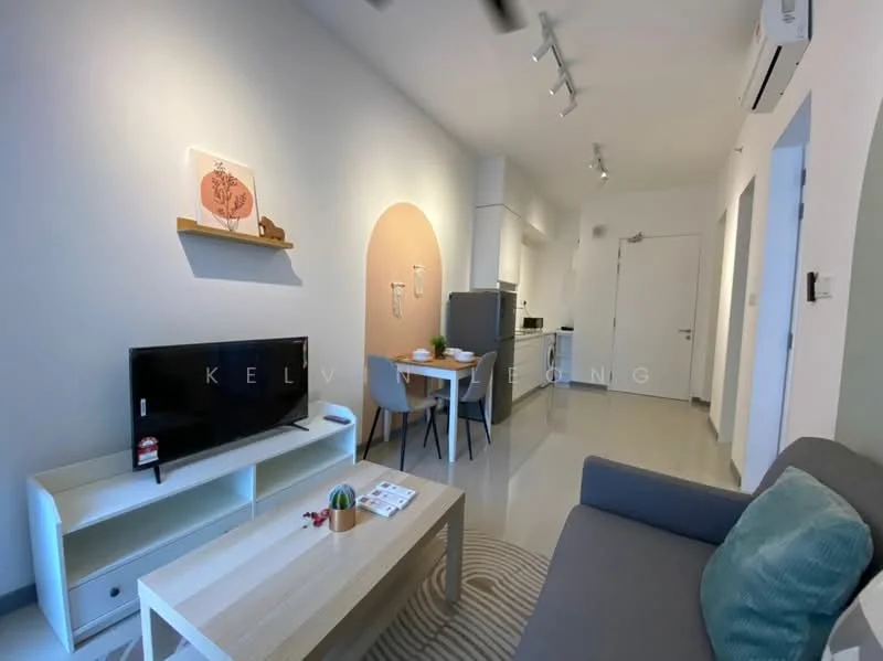 Living features: grey fabric sofa, wood coffee table, TV console, wall-mounted TV, decorative wall art, light grey walls, recessed downlights, air conditioning unit, sliding door to kitchen, area rug with circular pattern, floor-to-ceiling windows, white cabinetry, stainless-steel fridge, kitchen countertop, open layout; style: modern.