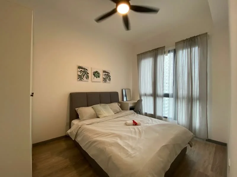 Bedroom features: king-size bed with upholstered headboard, white bedding, 2 bedside pillows, ceiling fan with light, floor-to-ceiling windows, sheer curtains, wooden flooring, decorative wall art with plant motifs, study desk with mirror; style: modern; view: city.
