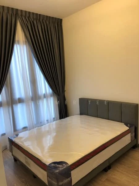 Bedroom features: queen-size bed, upholstered headboard, grey fabric curtains, floor-to-ceiling windows, laminate flooring, plain white walls, decorative wall, bedside lamps, minimalist decor; style: modern.