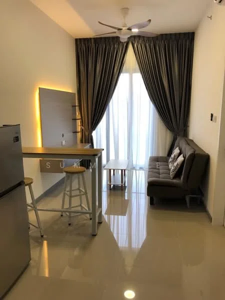 Living features: sofa in grey fabric, coffee table, floor-to-ceiling windows, sheer curtains, 5-blade ceiling fan with light, glossy tile flooring, wall-mounted shelving, decorative cushions; style: modern. Kitchen features: stainless-steel fridge, bar counter with stools, open layout; style: modern.