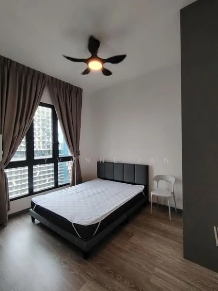 Bedroom features: queen-size bed frame, mattress, 5-blade ceiling fan with light, floor-to-ceiling windows, blackout curtains, wooden flooring, decorative wall, white walls; style: modern; view: city.