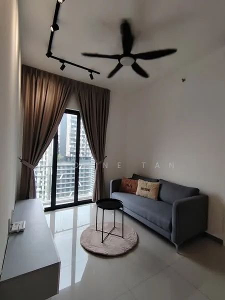 Living features: grey fabric sofa, round area rug, black coffee table, floor-to-ceiling windows, sheer curtains, recessed downlights, 5-blade ceiling fan, white painted walls, glossy tile flooring; style: modern; view: city.