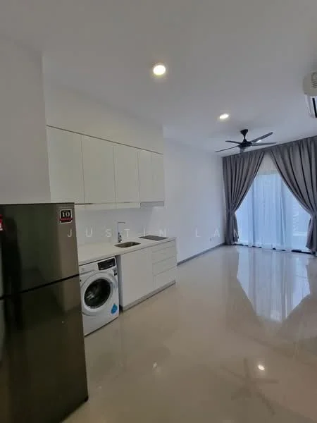 Kitchen features: white cabinetry, single-bowl stainless-steel sink, chrome pull-down faucet, built-in oven, stainless-steel fridge, front-load washing machine, marble tile flooring, recessed downlights, 5-blade ceiling fan, floor-to-ceiling windows, grey curtains; style: modern.