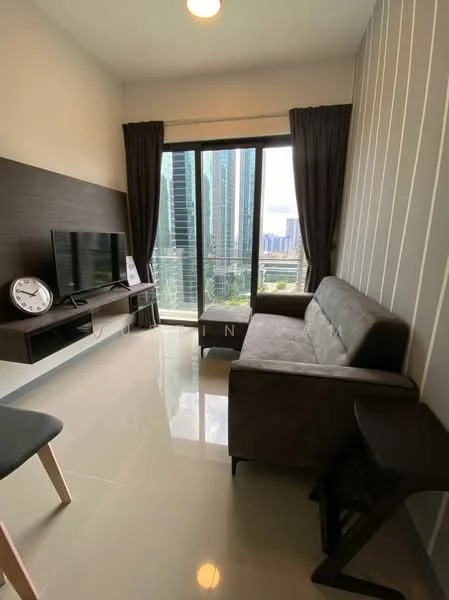 Living features: grey fabric sofa, wall-mounted TV, wooden TV console, floor-to-ceiling windows, blackout curtains, light-colored walls with vertical stripes, glossy tile flooring, small side table; style: modern; view: city.