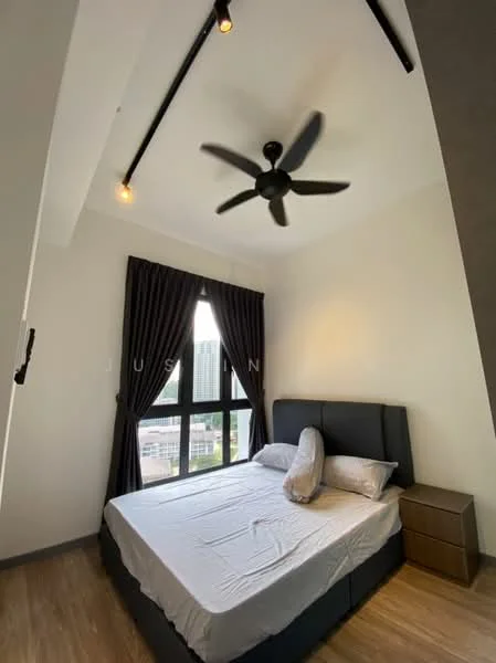 Bedroom features: king-size bed, upholstered headboard, 2 bedside tables, floor-to-ceiling windows, blackout curtains, 5-blade ceiling fan, wooden flooring, neutral wall color; style: modern; view: city.