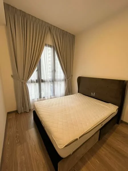 Bedroom features: queen-size bed, upholstered headboard, floor-to-ceiling windows, sheer curtains, wooden flooring, neutral painted walls, decorative wall, natural light from window; style: modern.