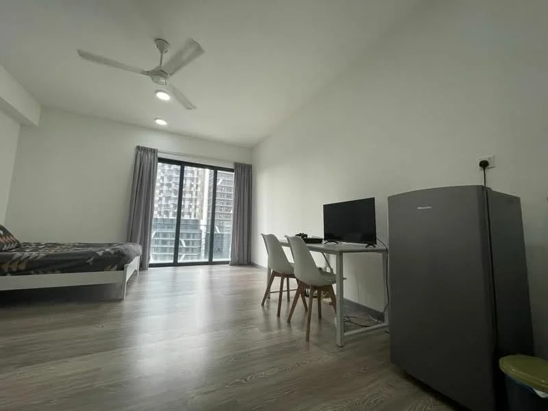 Room features: queen-size bed, upholstered headboard, 2 bedside lamps, floor-to-ceiling windows, sliding glass door, grey curtains, wooden flooring, ceiling fan with light, dining table with 4 chairs, TV console, wall-mounted TV, refrigerator; style: modern; view: city.