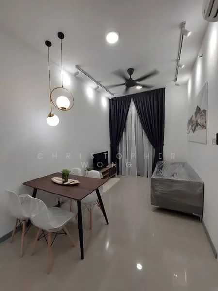 Living features: white painted walls, polished tile flooring, 5-blade ceiling fan with light, recessed LED downlights, dining table with 4 white chairs, sofa covered in plastic, floor-to-ceiling curtains, wall-mounted TV, decorative artwork on wall; style: modern.
