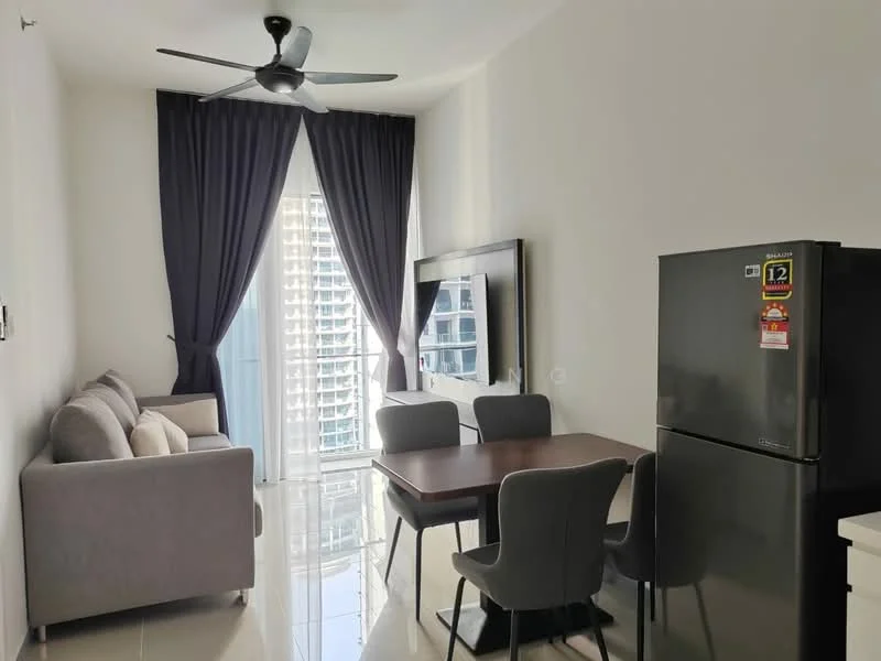 Living features: 3-seater fabric sofa in light grey, 2 upholstered dining chairs in grey, 4-seater dining table, floor-to-ceiling windows, blackout curtains, wall-mounted TV, recessed downlights, polished tile flooring, ceiling fan with light, fridge in stainless steel; style: modern; view: city.