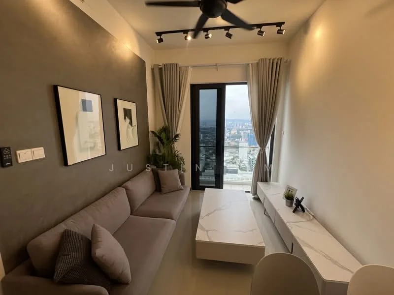 Living features: 3-seater fabric sofa in grey, marble-top coffee table, wall-mounted TV console, floor-to-ceiling windows, curtains, ceiling fan, recessed downlights, decorative wall with grey finish, indoor plant; style: modern; view: city.
