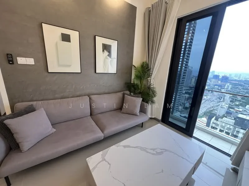 Living features: grey fabric sofa, marble coffee table, two framed artworks on wall, large floor-to-ceiling window, curtains, indoor plant, textured accent wall, tile flooring; style: modern; view: city.