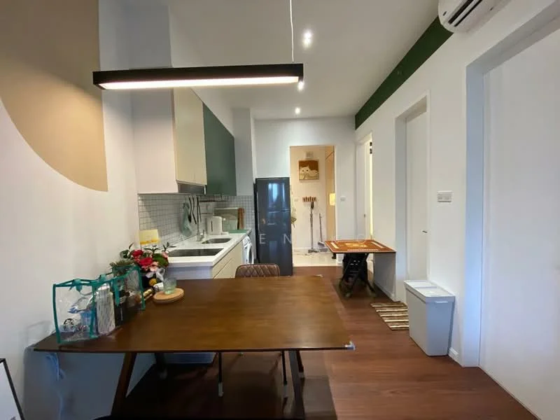 Kitchen features: white cabinetry, grey backsplash tiles, stainless-steel fridge, built-in oven, 4-burner gas hob, single-bowl stainless-steel sink, chrome pull-down faucet, wooden dining table, pendant light fixture, laminate flooring, air conditioning unit, open shelving, decorative flowers, kitchen utensils on wall; style: modern.