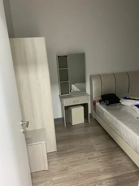 Bedroom features: queen-size bed, upholstered headboard, wooden bedside table, dressing table with mirror, white wooden wardrobe, light wood flooring, neutral wall color, decorative wall mirror; style: modern.