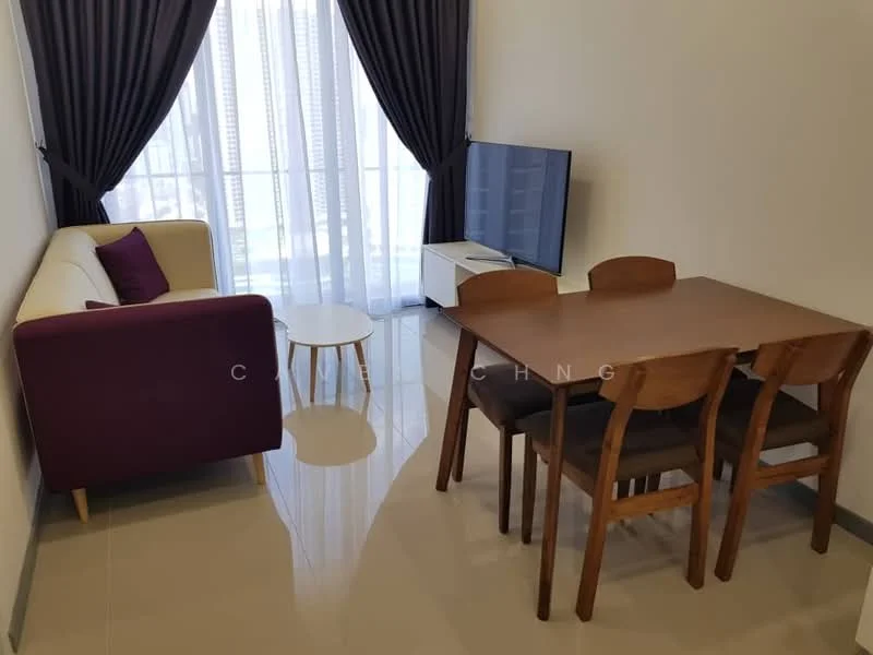 Living features: 3-seater fabric sofa in cream with purple accent cushion, round coffee table, 4-seater wooden dining table, wooden dining chairs, floor-to-ceiling windows, sheer curtains, TV console, wall-mounted TV, glossy tile flooring, neutral painted walls; style: modern; view: city.