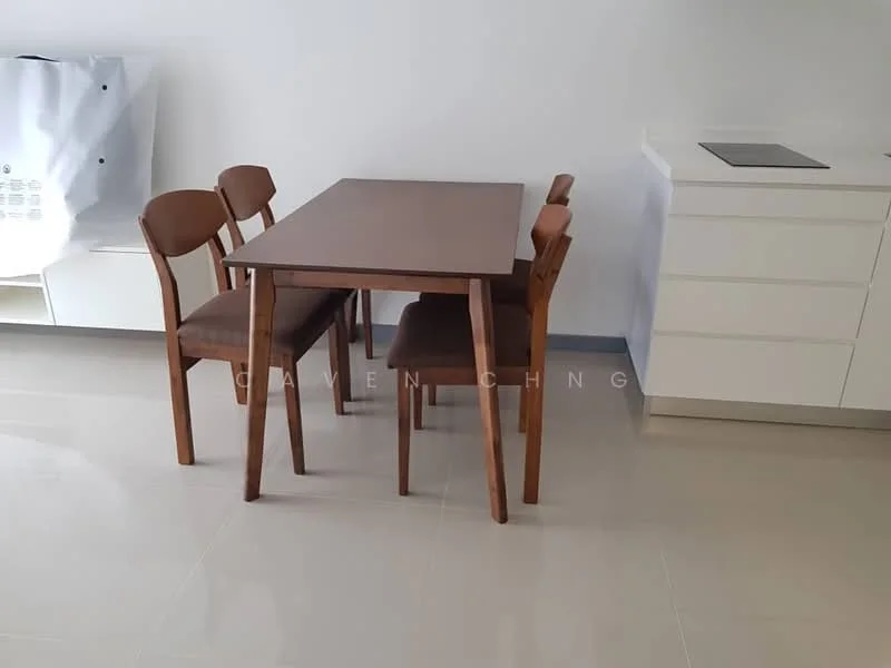 Dining features: wooden dining table, 4 wooden dining chairs, white cabinetry, light-colored tile flooring, neutral wall color, minimalist design; style: modern.