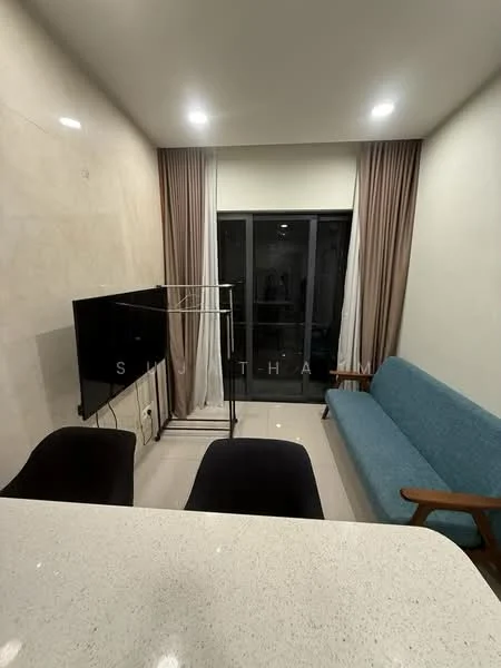 Living features: light grey walls, white ceiling, recessed downlights, floor-to-ceiling windows, sliding glass door, curtains, blue fabric sofa, wooden bench, black dining chairs, TV console, television, white countertop, open layout; style: modern.