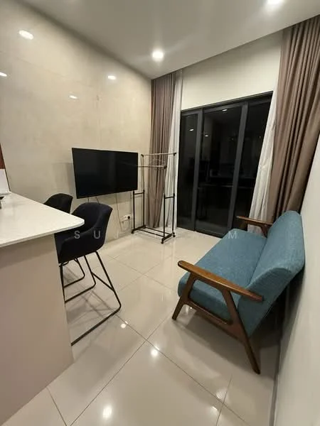 Living features: grey upholstered 2-seater sofa, wooden armrests on sofa, black metal TV stand, flat-screen TV, white quartz countertop, black dining chairs, tile flooring, recessed downlights, floor-to-ceiling windows with sheer curtains, light brown curtain drapes; style: modern.